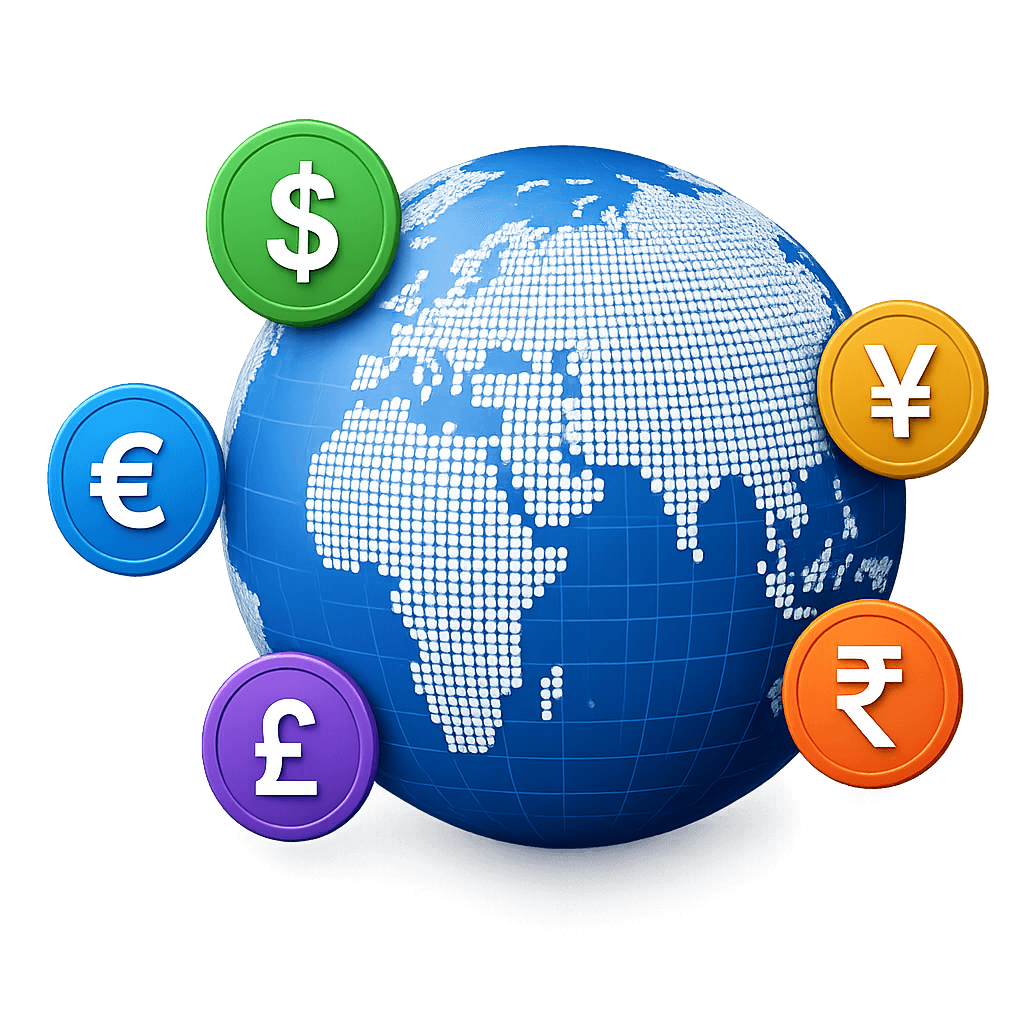 Globe with floating currency coin badges representing major world currencies